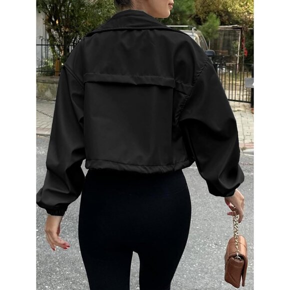 Womens Black Tankaneo Cropped Jacket Zip Up Oversized Utility Anorak Coat - Picture 4 of 4